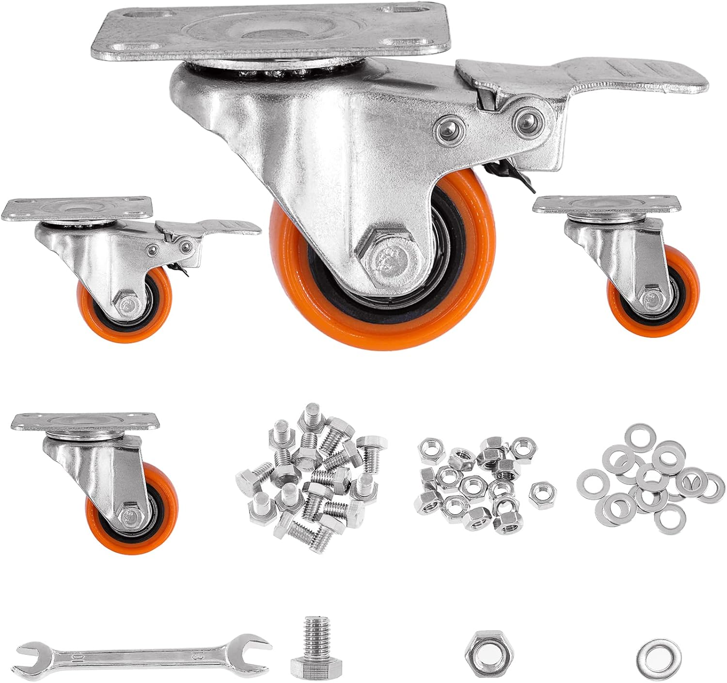 Glarks 53Pcs 3/2 Inch Heavy Duty Casters, Lockable Bearing Caster Wheels Safety Dual Locking Casters with Brake, Swivel Casters Polyurethane No Noise Wheels for Furniture and Workbench image number 2