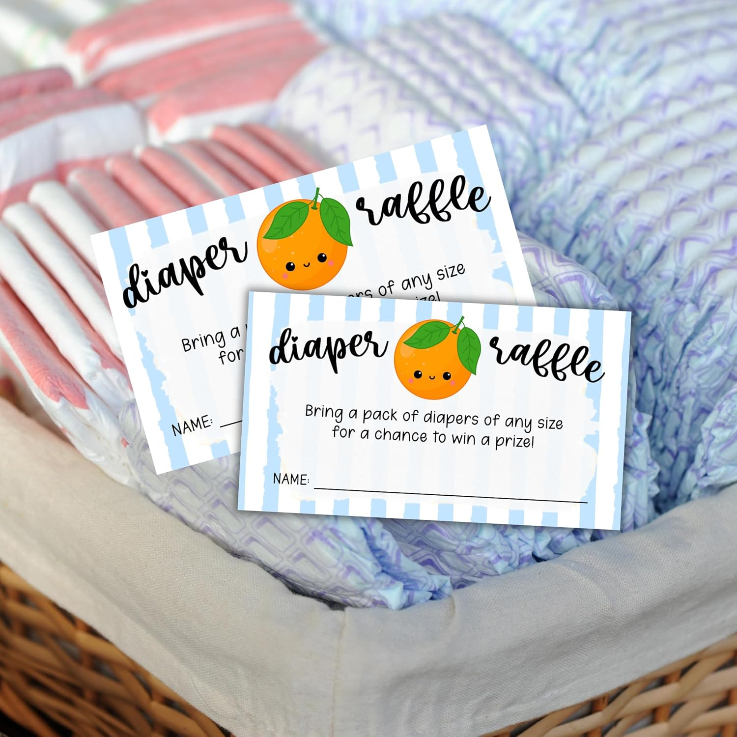 Little Cuties Oranges Diaper Raffle Tickets 50Pk 2X3.5&rdquo; Blue Stripes Books for Baby Sign Invitations Summer Matches Pop It When She Pops Inserts image number 3
