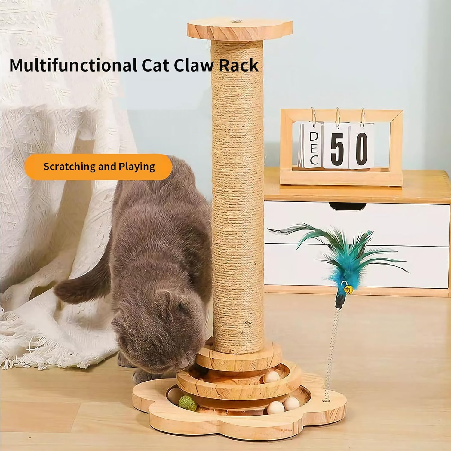 Cat Scratching Post 50 CM with Dangling Ball and Cat Teaser, Cat Scratcher Kitten Toys for Indoor Cats Wooden Ball Track, Scratch Post Interactive Toy image number 4