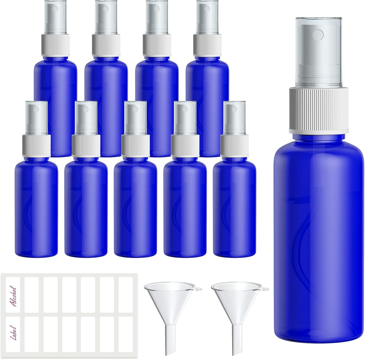 Spray Bottles Plastic Small Mist Travel Bottles Set 10 Pcs 50Ml Liquid Atomiser Refillable Containers with 2 Funnels 1 Sheet Labels (Blue) image number 2