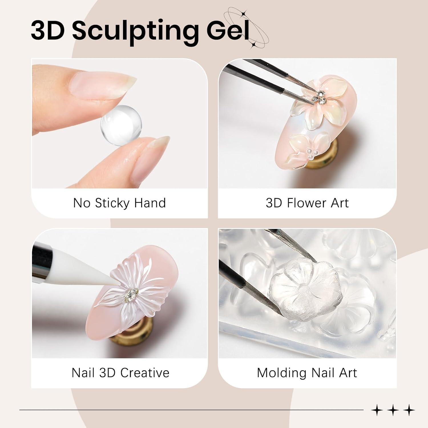 3D Nail Gel Clear Nail Sculpting Gel Non-Sticky Hand 3D Gels for Nail Art with Silicone Pen Sculpting 3D Modeling Manicures Salon Home DIY 15G