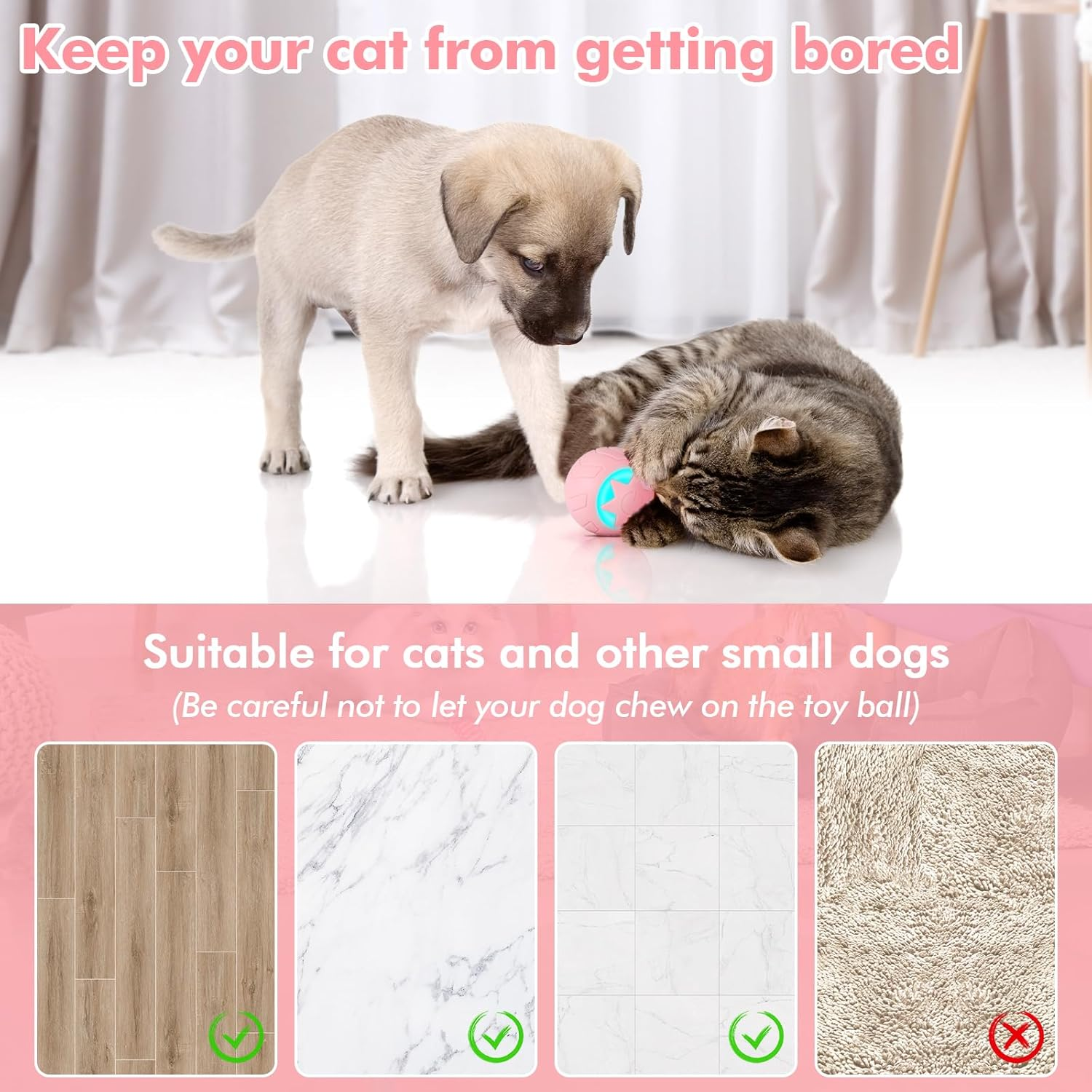 JIZZU Electric Cat Ball, Rolling Ball Interactive Cat Toy with LED Light, Pack of 4 Cat Toy, Intelligent Cat Ball, 360&deg; Self-Rotating Toy, Spiral Springs, Pink image number 1