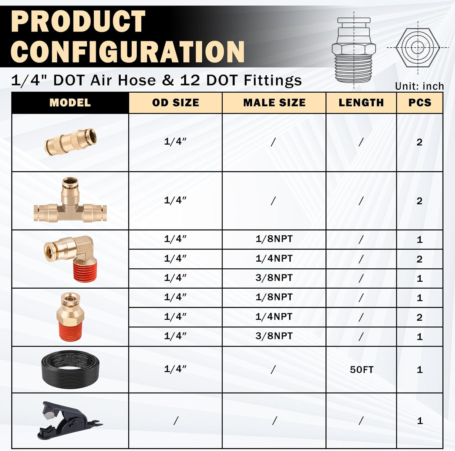 Cheemuii 12 Pcs 1/4 Brass DOT Air Fittings with 50 FT 1/4" DOT Air Line Kit 15 Meter Pneumatic Tubing with DOT Air Fittings for Semi Truck Trailer or Industrial Air System image number 6