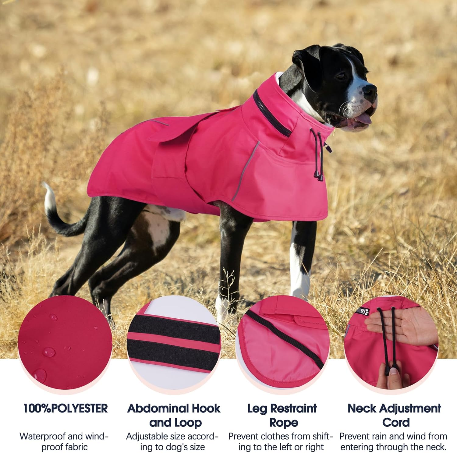 Iecoii Waterproof Dog Raincoat for Large Dogs, Adjustable Dog Rain Jacket with Leash Hole, Reflective Hooded Poncho Raincoats (Pink, 3XL) image number 5