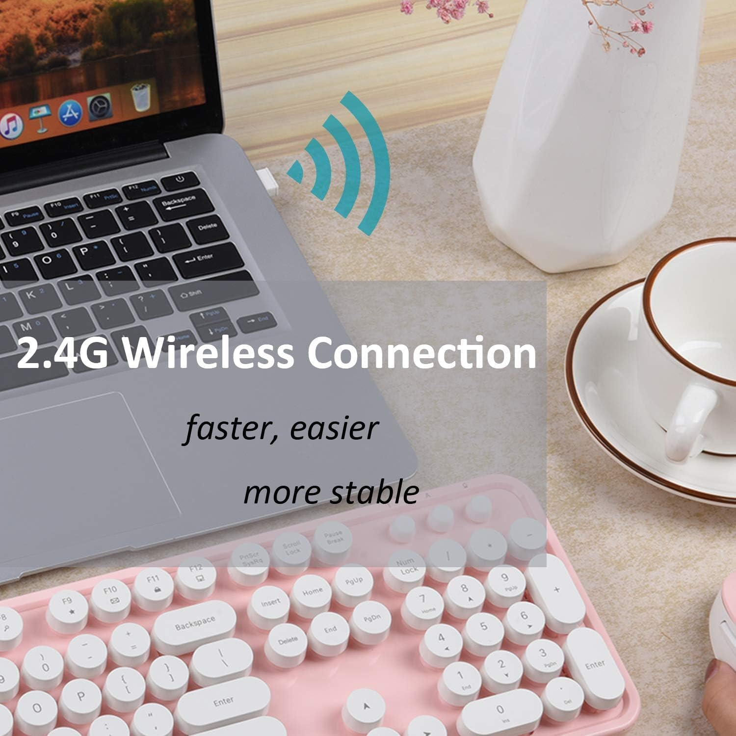 Youker Wireless Keyboard and Mouse Combo USB Wireless Retro Keyboard with round Keycaps 2.4Ghz Dropout-Free Connection Keyboard and Mice for Mac Windows 7/8/10/11 Laptop Desktop image number 6