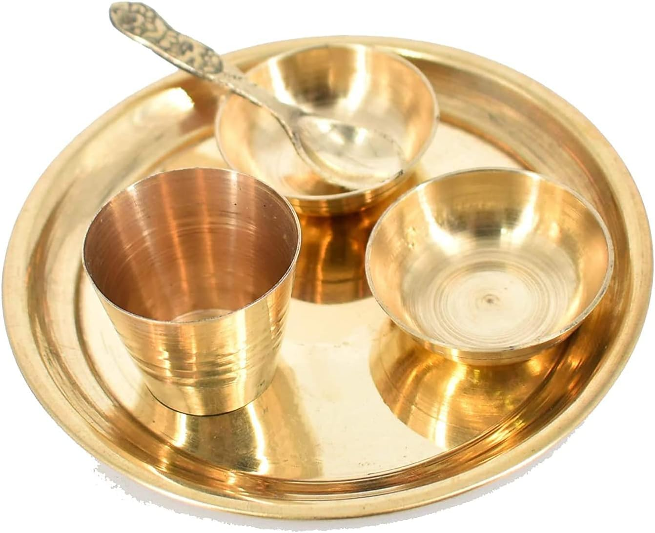 Brass Bhog 11Cm Thali Plate Laddu Gopal/Krishna Pooja Set with 1 Thali 2 Katori, 1 Glass, 1 Spoon Set for Temple Home Office Festival Diwali Gift image number 2