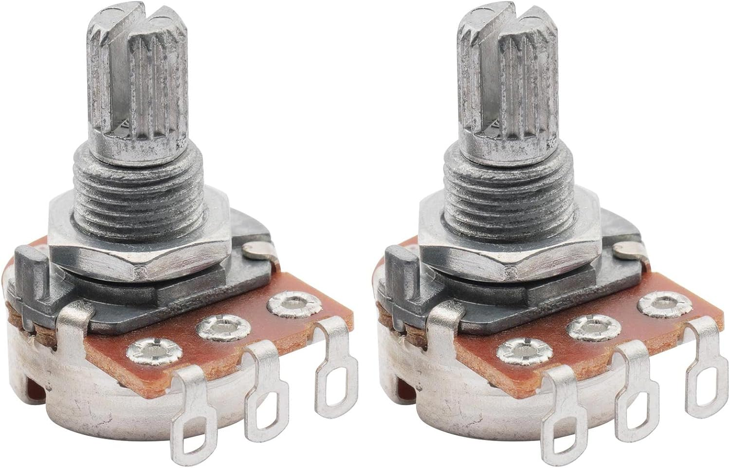Musiclily Basic A500K Metric Mini Potentiometers Split Shaft Audio Taper Pots for Electric Guitar Bass (Set of 2)