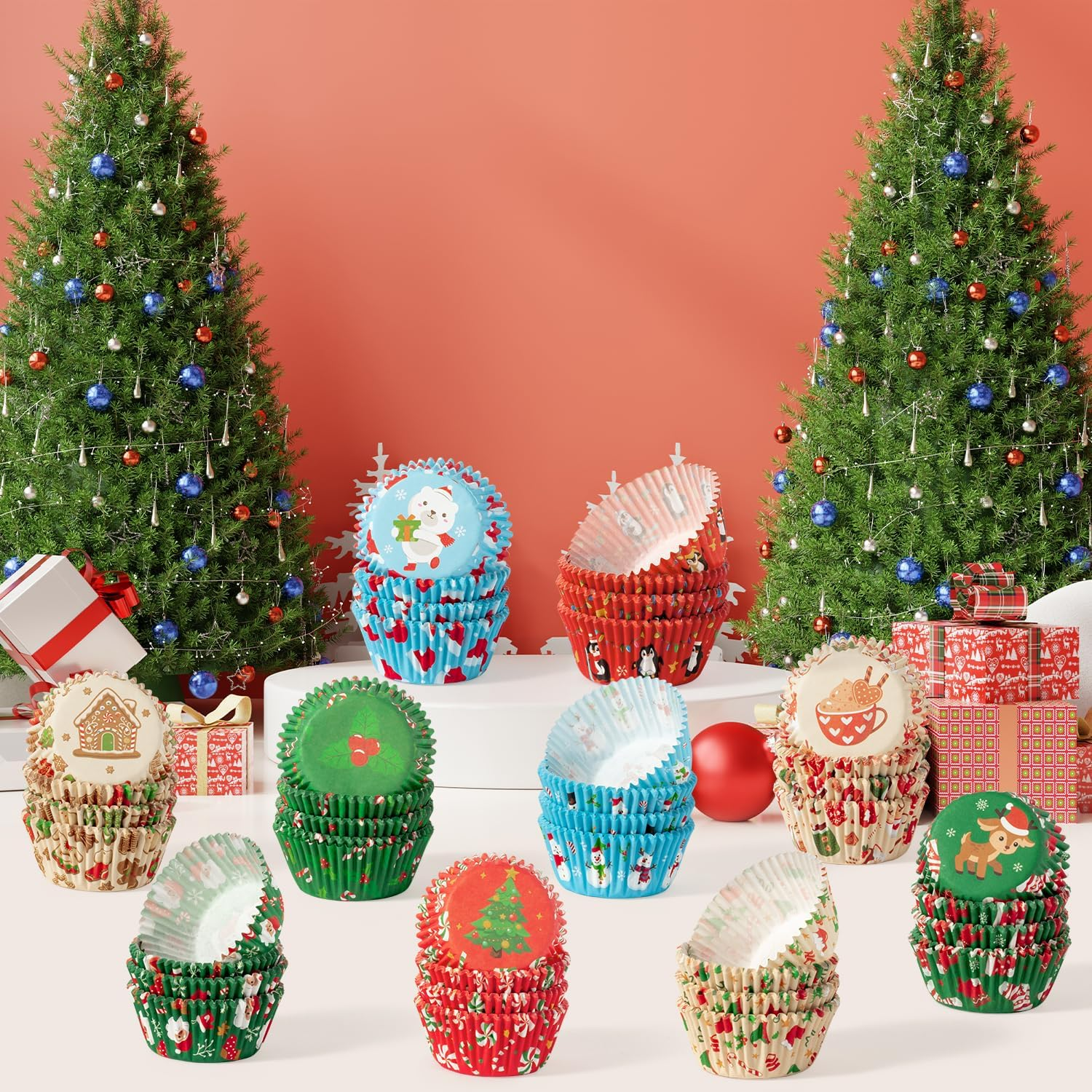 Christmas Mini Cupcake Liners - 600Pcs Merry Christmas Candy Baking Cups Muffin Cupcake Wrappers, Xmas Tree Santa Claus Snowman Chocolate Cake Wrap Making Supplies for Xmas Eve Party(10 Styles) image number 2