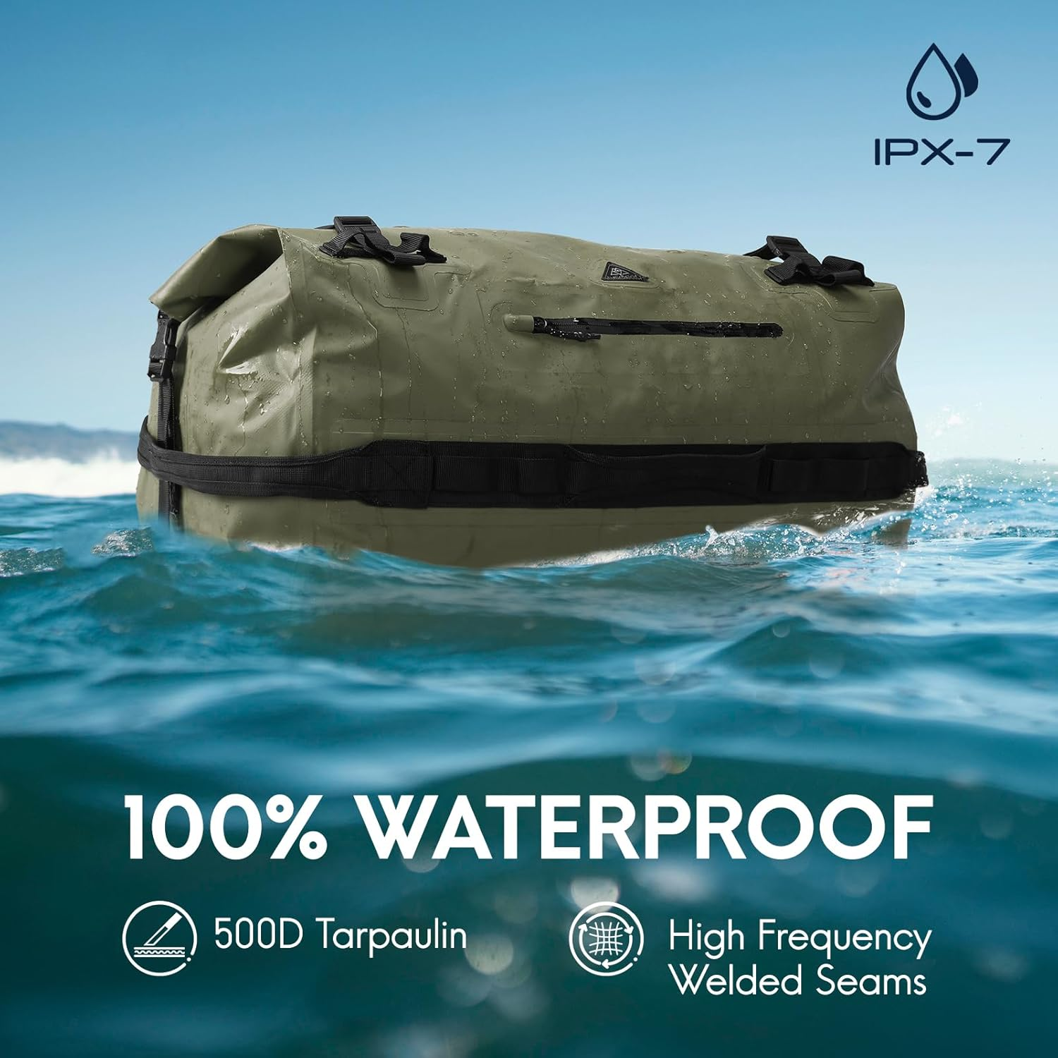 Haimont 60L Waterproof Duffle Sports Holdall Backpack for Men Women Heavy Duty Roll-Top Dry Bag Outdoor, Army Green - Army Green image number 2