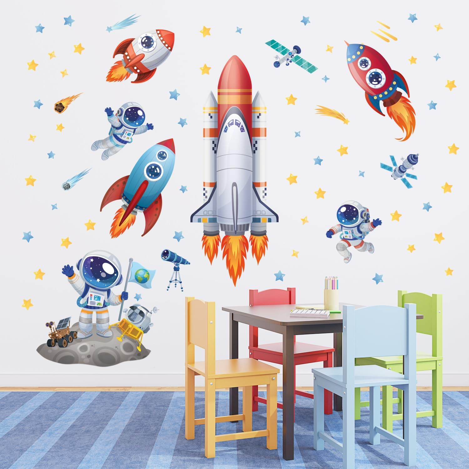 DECOWALL SG2-2416 Rocket Astronaut Wall Stickers Decals Kids Bedroom D&eacute;cor Nursery Boys Galaxy Stars Outer Space Planets Solar System Dark Removable Decoration Living Spaceship Window Art Mural Peel image number 6