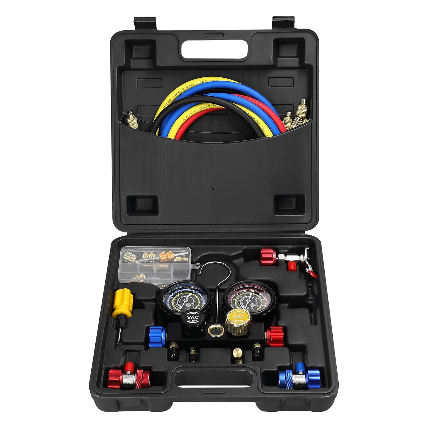 Relogic Air Conditioner A/C Refrigeration Tools 4-Way Dual-Value Pressure Gauge with 5Ft Hose Brass Quick Coupler Adapters for R22/R134A/R410A Refrigerant