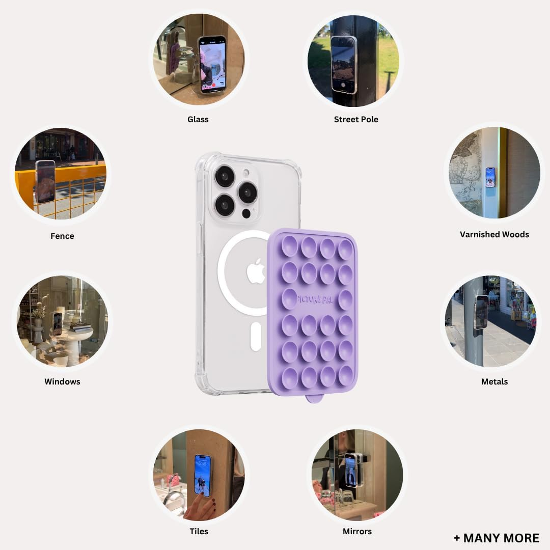Picturepal Suction Phone Mount Purple - Magnetic Snap-On Iphone Holder - Detachable Mag Mount for Hands-Free Content Creation - Compatible with Iphone 15/14/13/12 Pro Max (Purple)