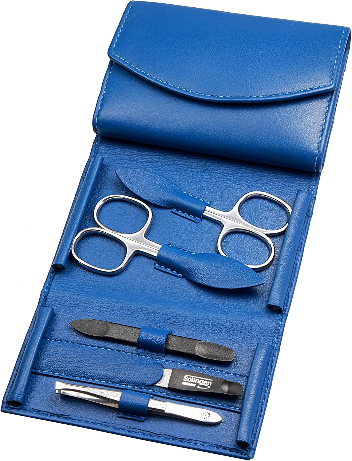 Manicure Set - 5-Piece Nail Care Set - Genuine Nappa Lambskin Leather Manicure Case - Nail Scissors, Cuticle Scissors, Nail File, Tweezers and Double Instrument (Orange)