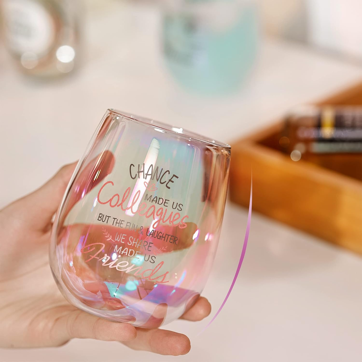 SHENDONG Chance Made Us Colleagues Stemless Wine Glass,15Oz Iridescent Glass Cup, Coworker BFF Present for Coworkers Going Away Employees Leaving,Farewell Retirement Party, Birthday Christmas Prisent