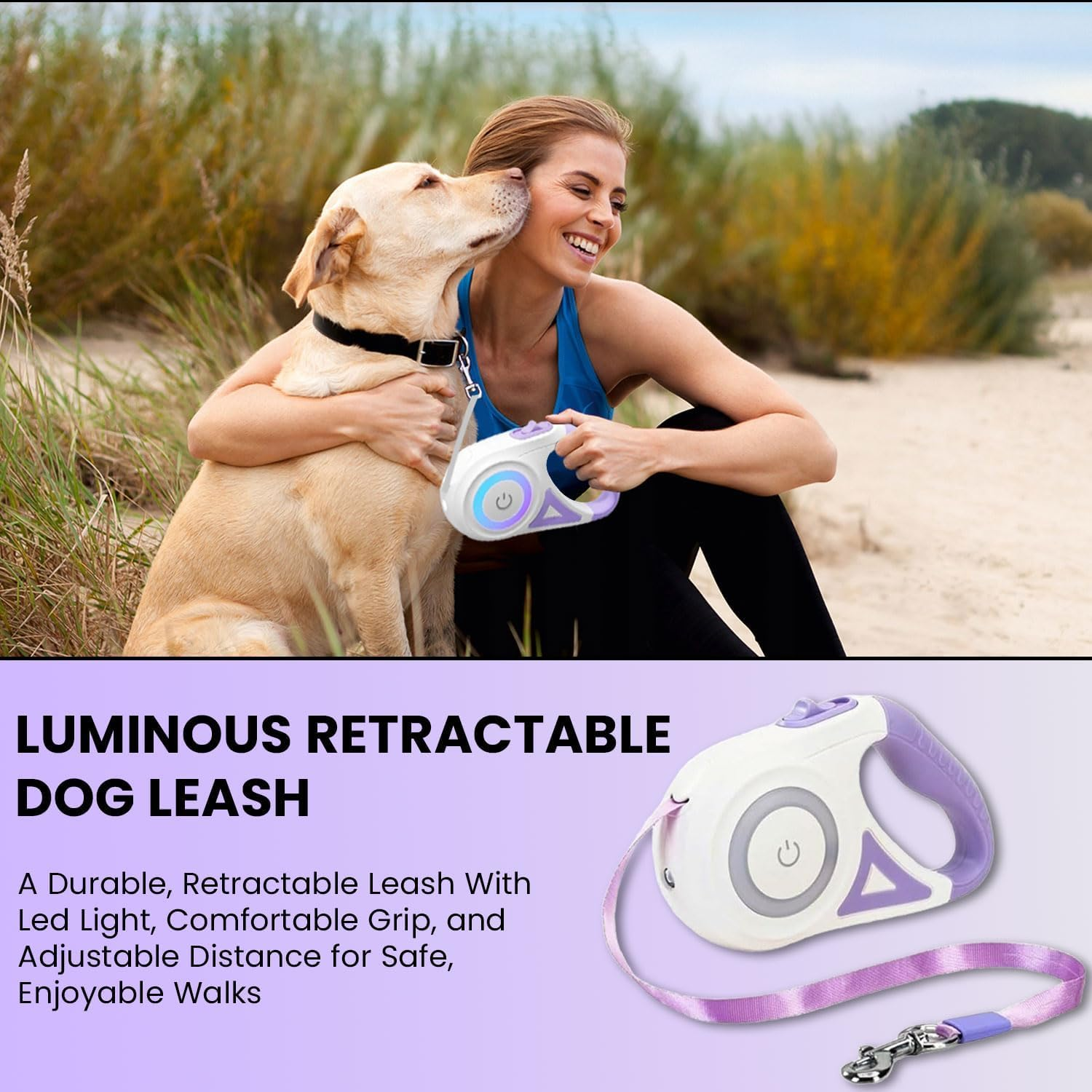 10Ft Retractable Dog Leash, Luminous Dog Walking Leash with Front Safety Led Light - 360&deg;Tangle-Free Training Leash for Ultimum Freedom with Anti-Slip Handle Dogs & Cats - Purple image number 1