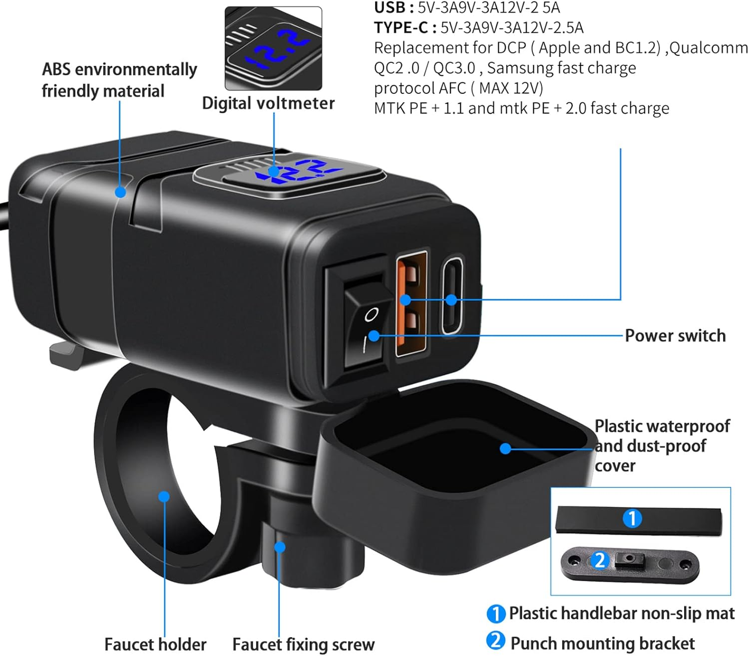 Domary Motorcycle USB Chargerpe-C Charger Super Fast Charger QC3.0 with Voltmeter On/Off Switch for Phone Tablet 7/8Inch Handlebar image number 1