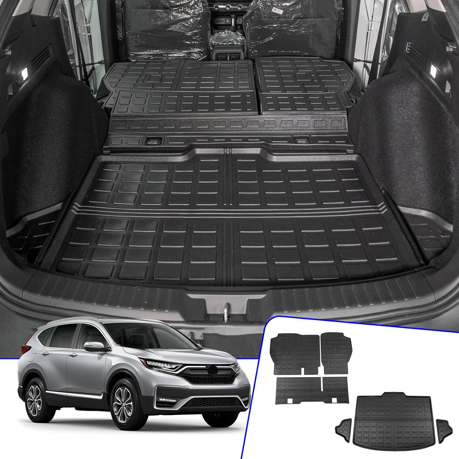 Rongtaod Cargo Mat Compatible with 2023 2024 2025 2026 Honda CRV (Include Hybrid) Cargo Liner Trunk Mat Back Seat Cover Protector Honda CR-V Accessories (Fit Upper Deck, Trunk Mat+Backrest Mats)