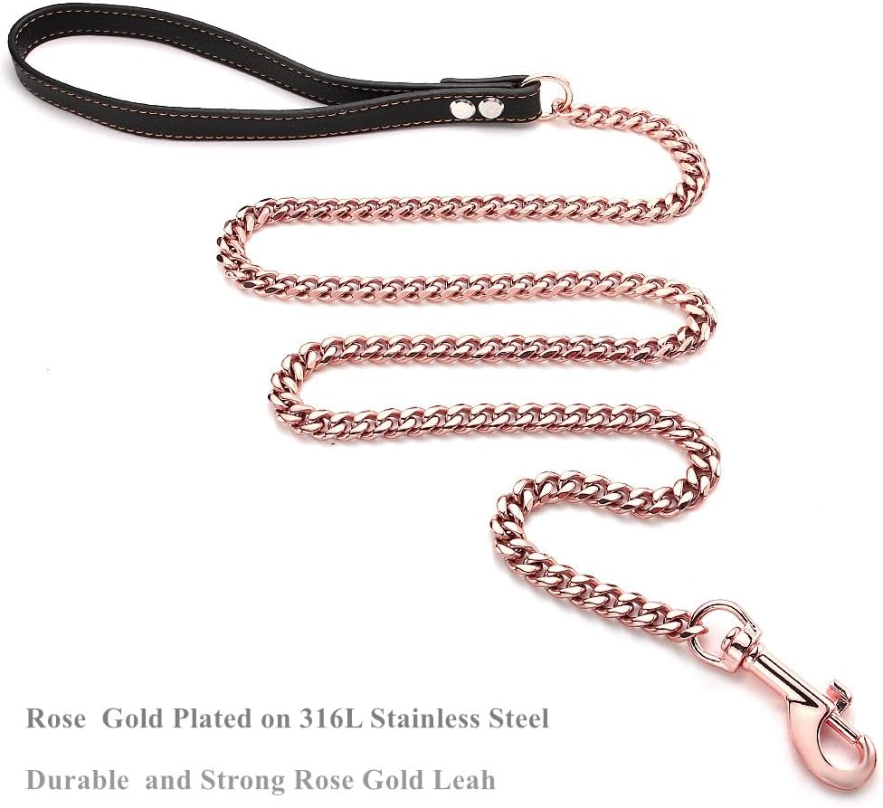 RUMYPET Rose Gold Dog Leash 11Mm/15Mm Metal Cuban Link Dog Chain Leash Chew Proof Comfortale Leather Handle for Walking Trainning 3Ft/4Ft/5Ft(11Mm,4Ft) image number 4