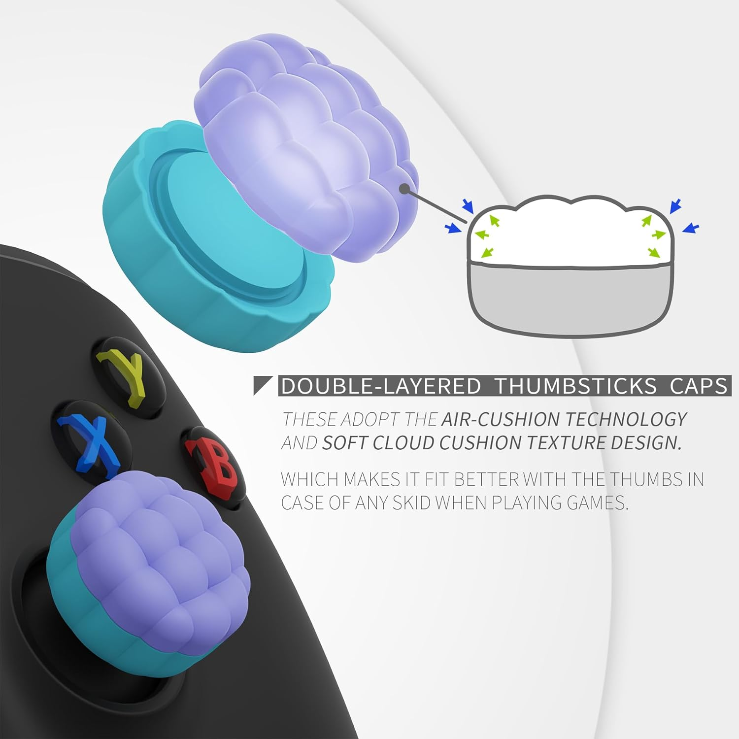 Playvital Thumbs Cushion Caps Thumb Grips for Ps5/Ps4, Thumbstick Grip Cover Joystick Caps for Xbox Series X/S, Xbox One, Elite Series 2, Switch Pro - Puff Cloud Design Light Purple & Aqua Blue image number 2