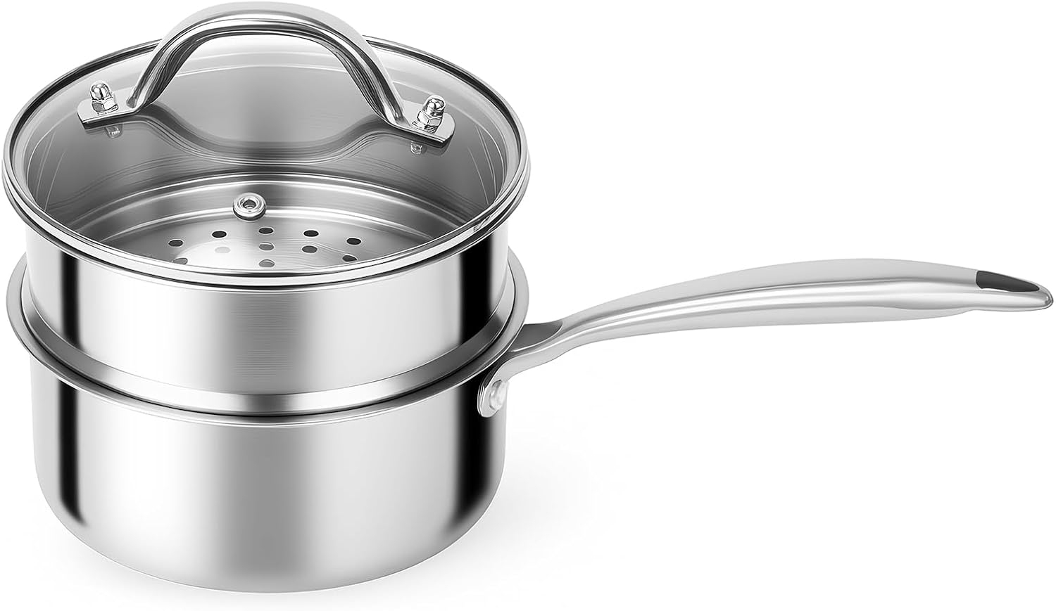 Shakico Stainless Steel Saucepan Pot - 1.5 Quart Tri-Ply Induction Cooking Pot with Vegetable Steamer Basket and Visible Lid, Saucepan Cookware, Sauce Pan for Boiling Milk, Pasta, Sauces, Grains image number 3