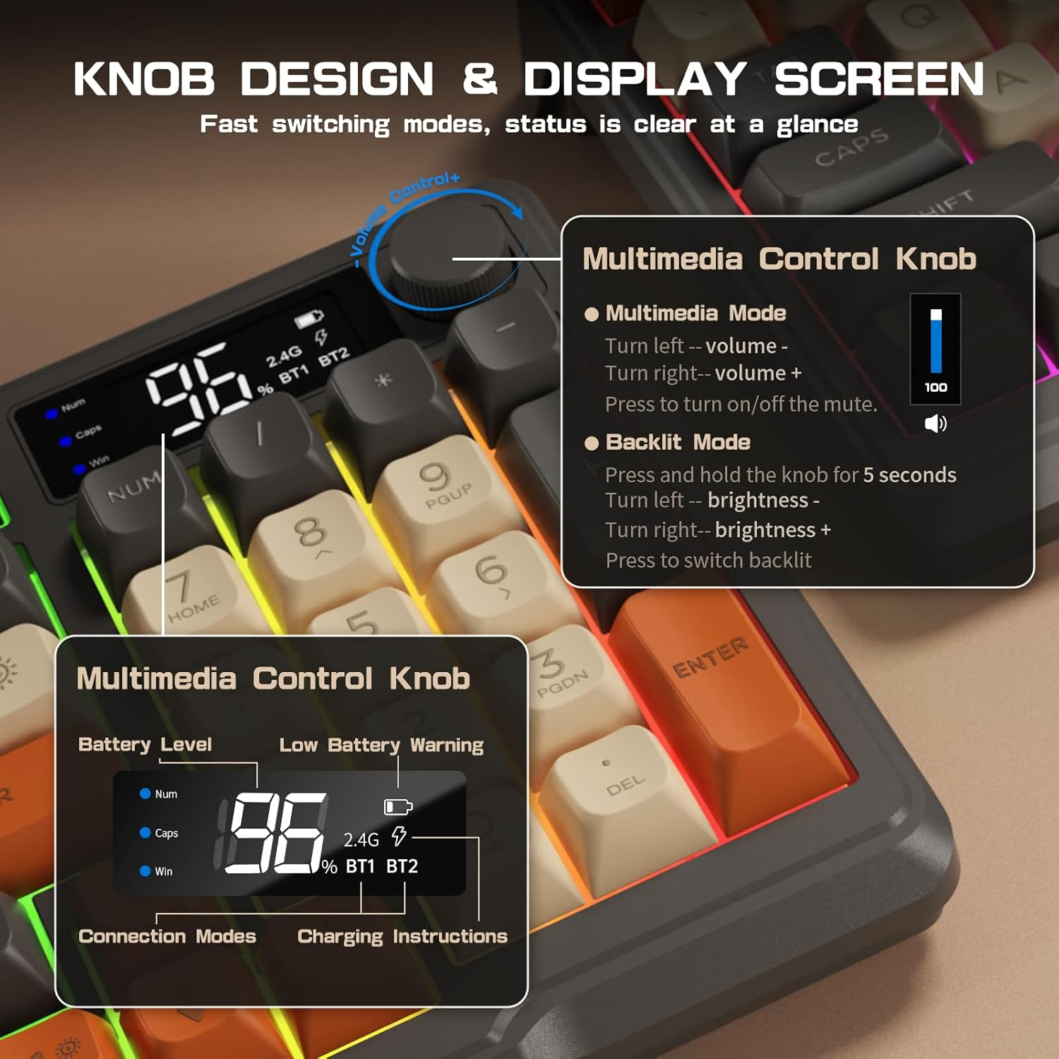 Lexonelec M96 Wireless Gaming Keyboard,94-Key Layout with Multimedia Knob,2.4G/Wireless Dual-Mode,Pbt Three-Color Ball Cap and Cool Colored Light, with LED Electronic Display for PC Gamers (Shimmer) - Shimmer image number 6