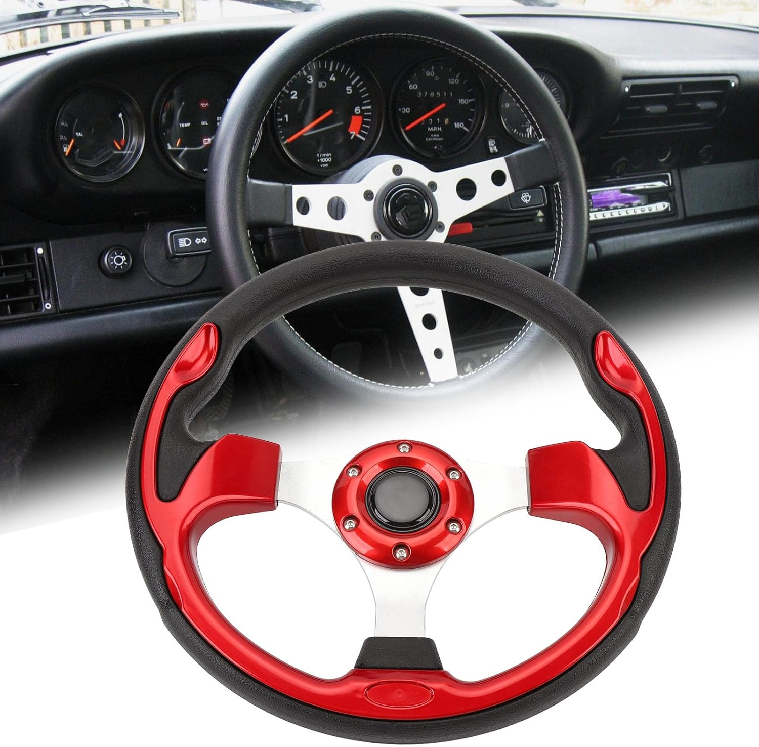 Universal Car Racing Steering Wheel, 13 Inch 6 Bolt Leather and Aluminum Car Sport Steering Wheel, 3-Spoke Steering Wheel for Most Vehicles/Racing Cars, with Horn Button (Red) - Black image number 4