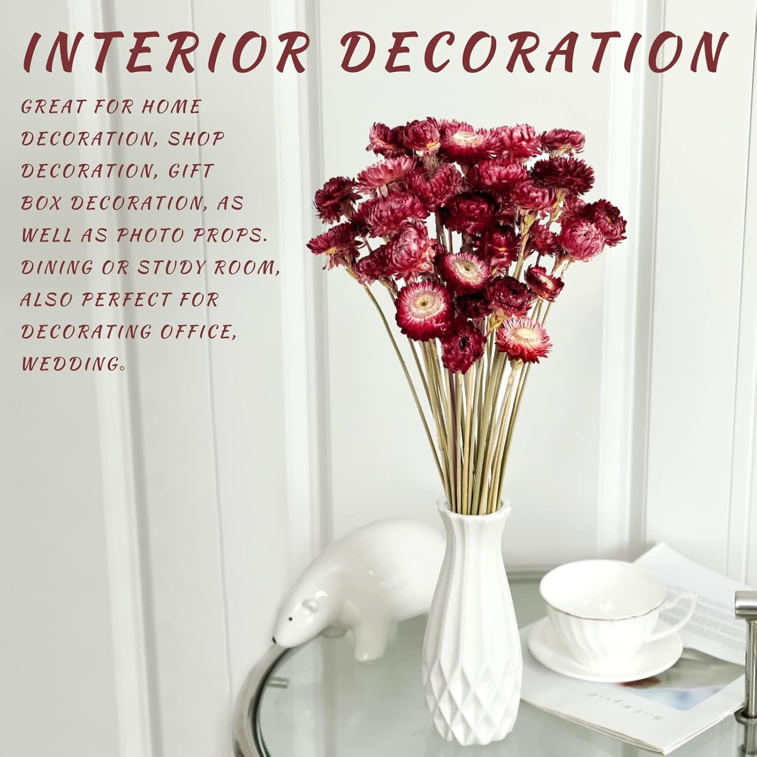 MIHUAGE Dried Flower 40PCS Daisy Bouquet 100% Natural Chrysanthemum Dry Flower with Stem for Vase Home D&eacute;cor Party DIY Arrangement Wheat Straw Bulk (Burgundy) image number 3