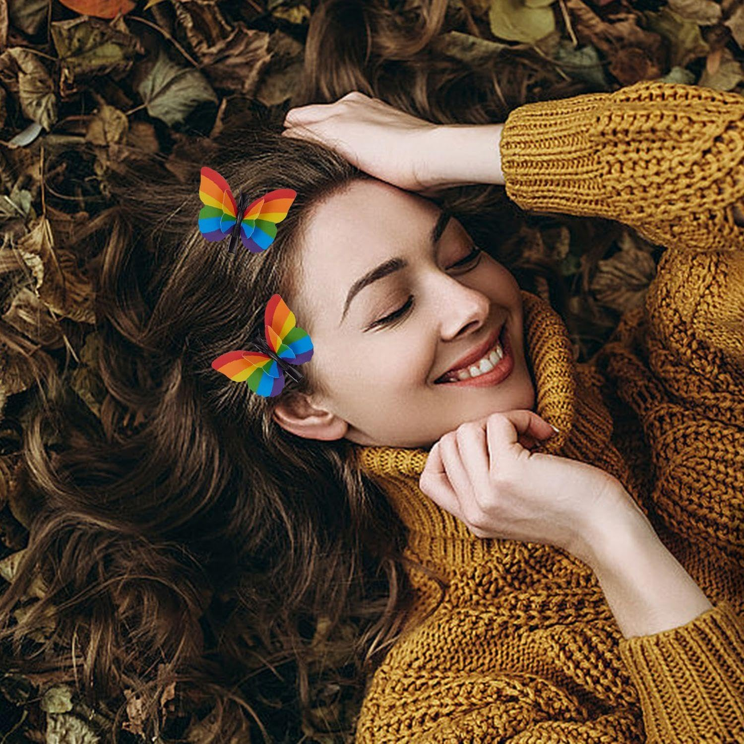 Pack of 8 Rainbow Butterfly Clips and 18 Rainbow Face Spots, Creative Cartoon Hairpin, Fun and Cute Face Stains, Dances and Celebrations. image number 2