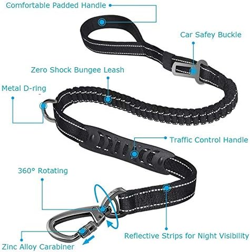2 in 1 Dog Lead & Car Seat Belt, 150Cm Reflective Anti-Shock Bungee Dog Leash with 2 Handles for Medium/Large Dogs - Pet Car Safety Harness (Black) - Black image number 6