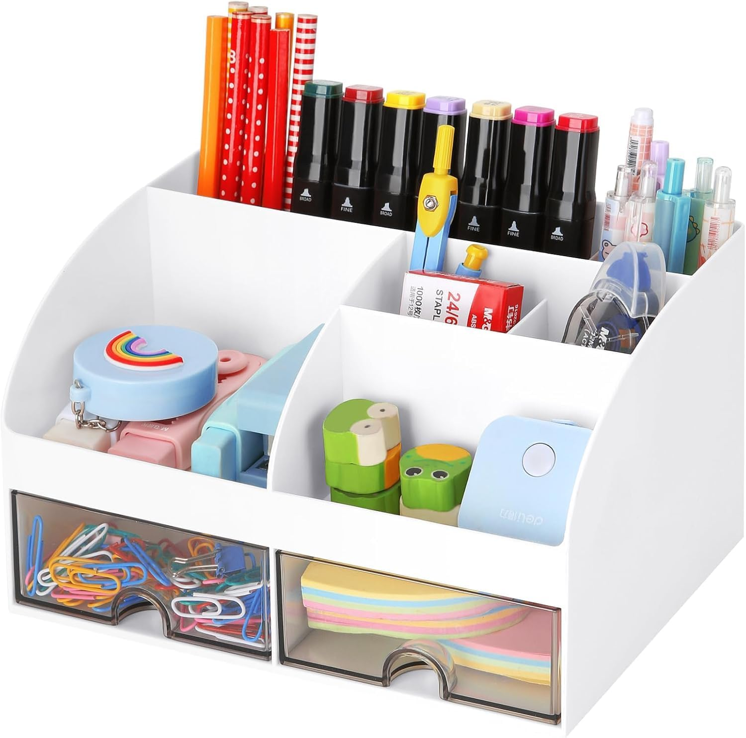 Desk Organizer with 2 Drawer, Multi-Functional Pencil Pen Holder for Desk, Desk Organizers and Storage with 6 Compartments, Desktop Organizer for Office Home Art Supplies (White) image number 2