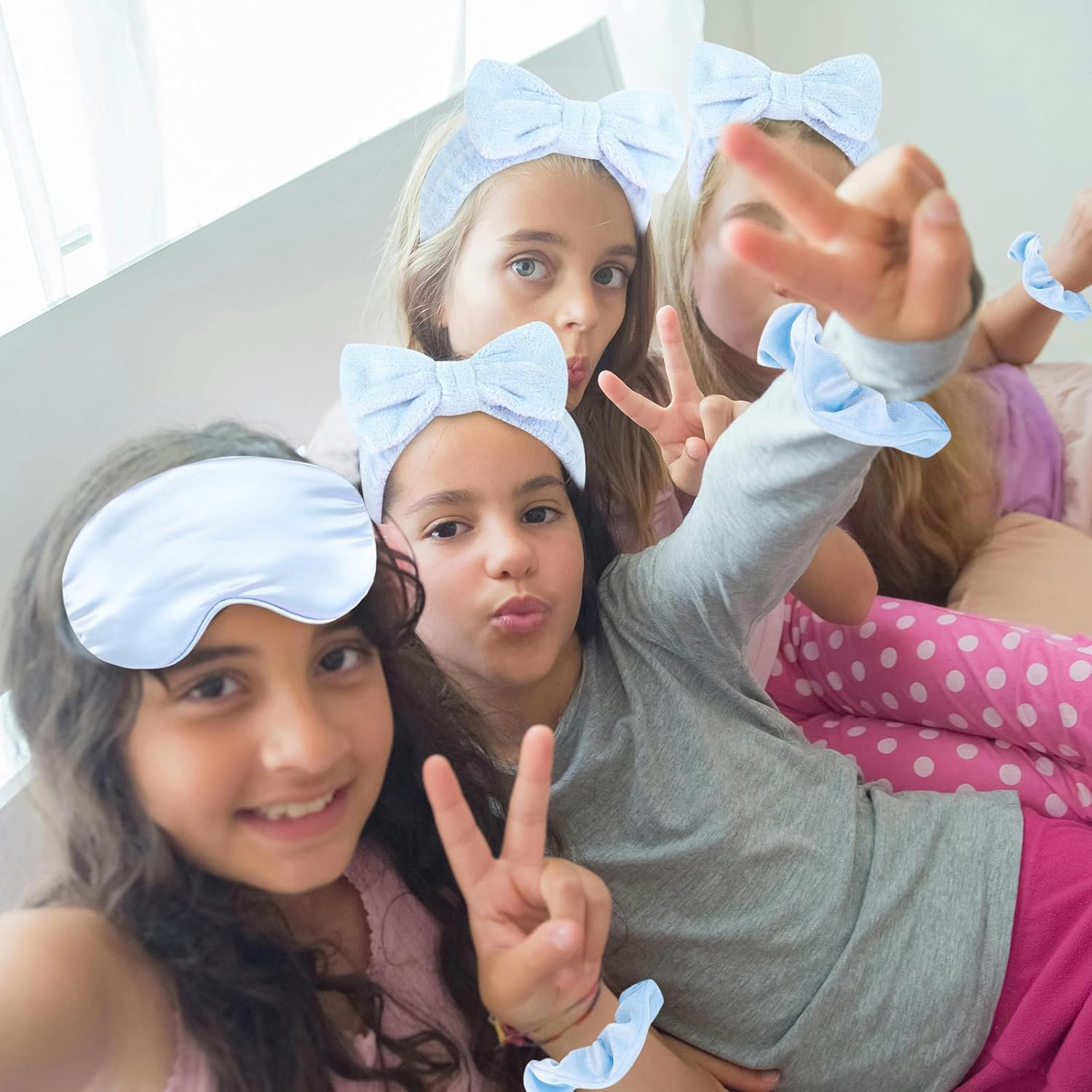 WHAVEL 18 Pcs Sleepover Party Supplies for Girls - Sleepover Party Favors Include 6 Spa Headband, 6 Silk Eye Mask and 6 Velvet Scrunchies for Spa Birthday, Bachelorette, Slumber (Blue)