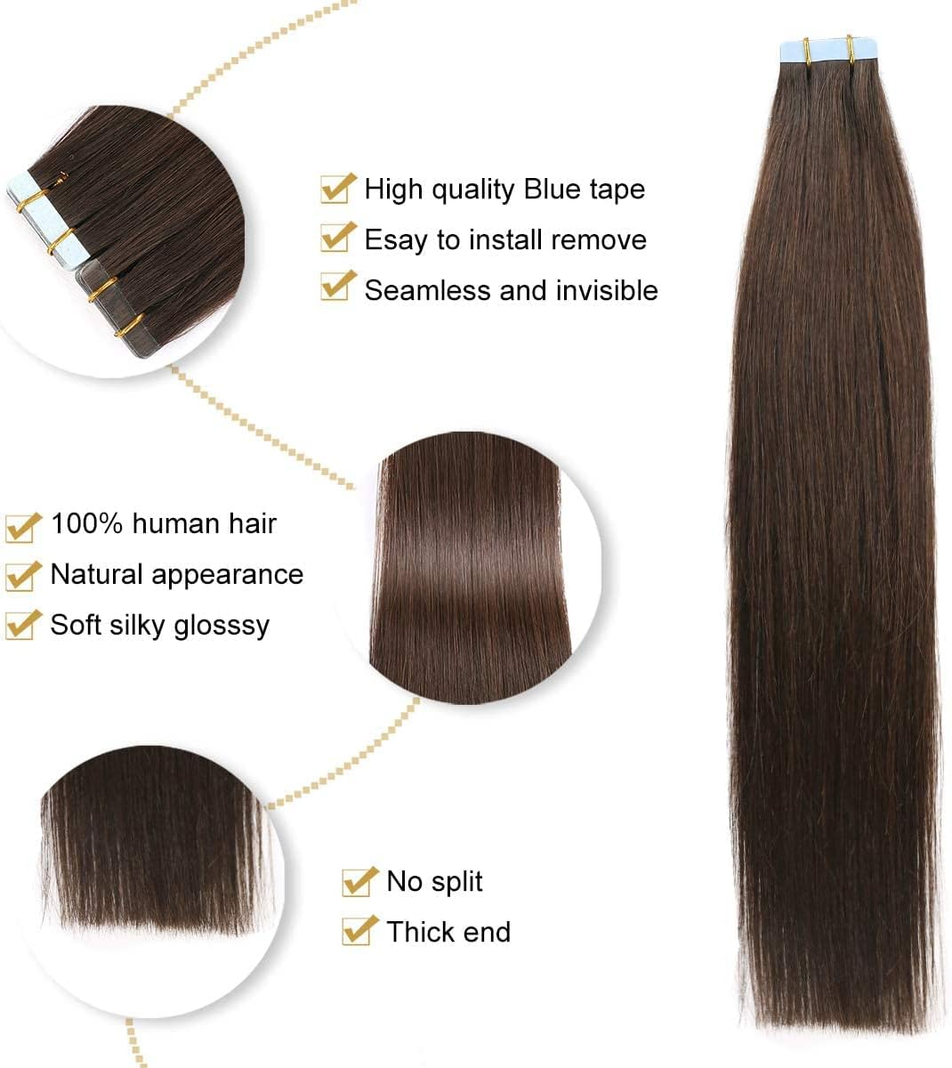 YILITE Tape-In Real Hair Extensions 45 Cm Darkest Brown Silky Straight Seamless Skin Weft Tape Hair Extensions 18 Inches 50 G 20 Pieces/Pack Tape in Hair Extensions (45 Cm #2 Darkest Brown) image number 1