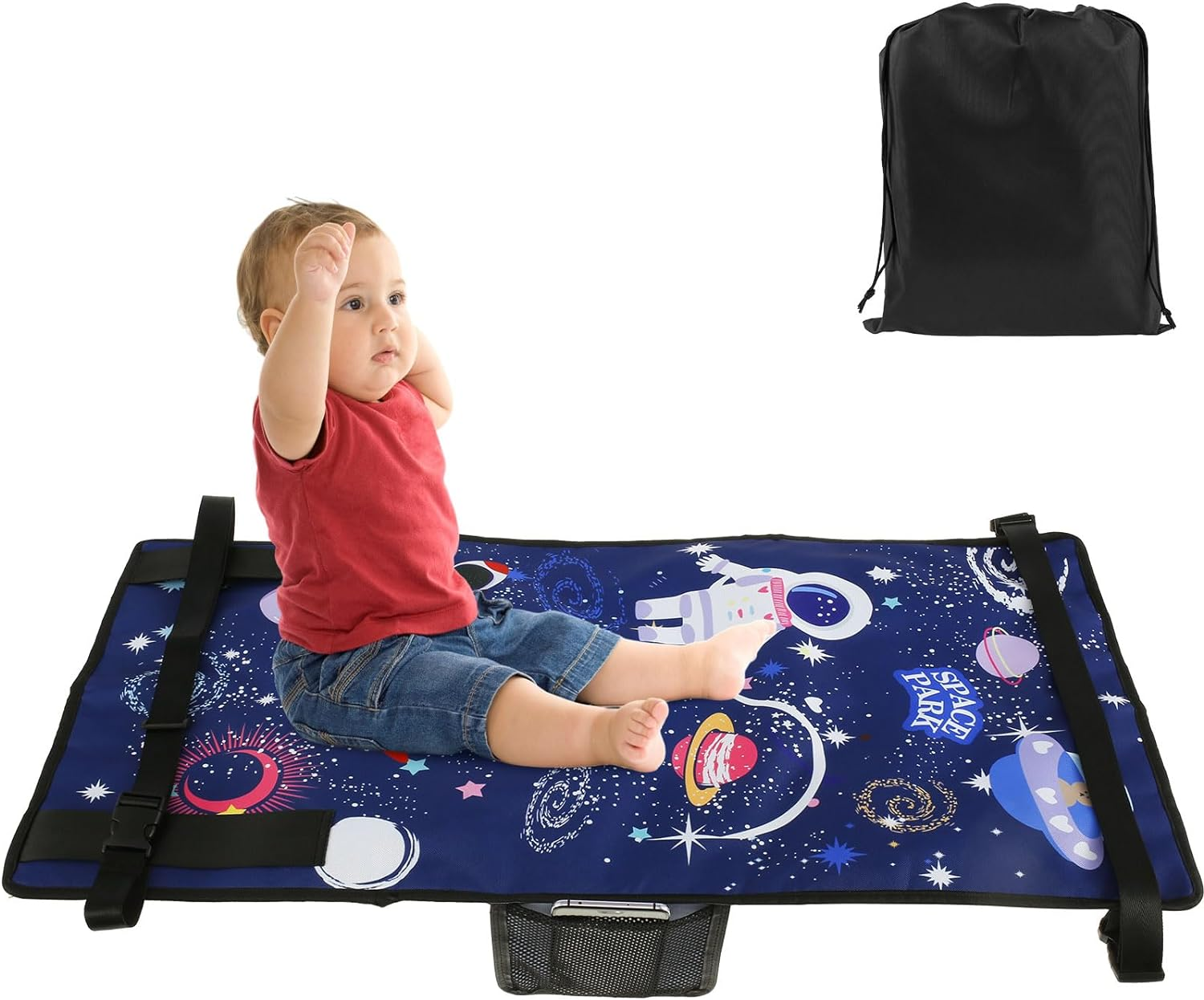 Kids Airplane Footrest Portable Kids Airplane Seat Extender Colorful Airplane Foot Hammock Breathable Toddler Airplane Bed Travel Essentials with Storage Bag for Kids Toddlers 79X44Cm(Starry Blue)