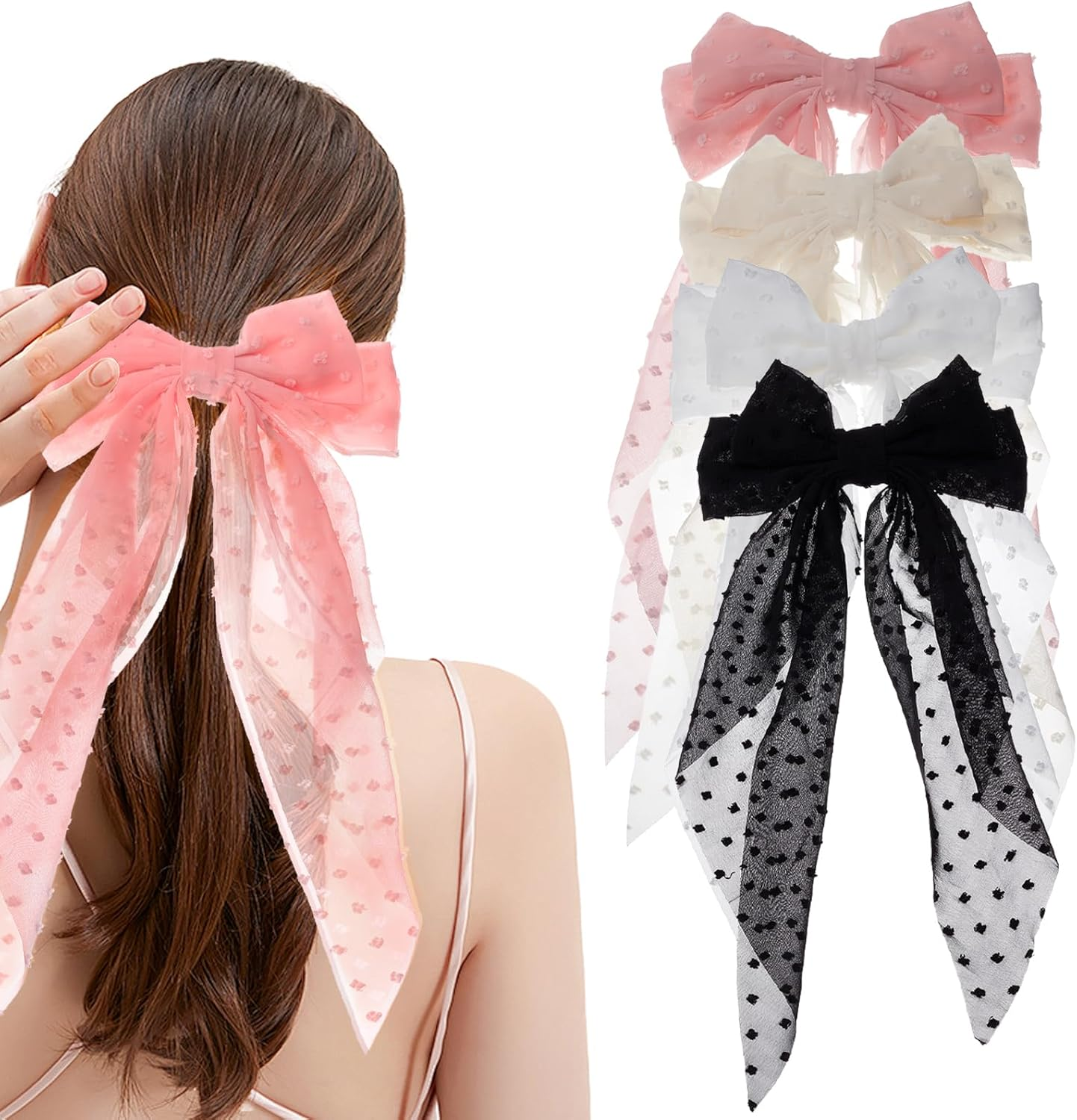 NICENEEDED 4PCS Large Hair Bows, Cute Oversized Ribbon Bows for Women in Beige Light Pink White Black, Hair Barrettes for Different Occasions image number 2