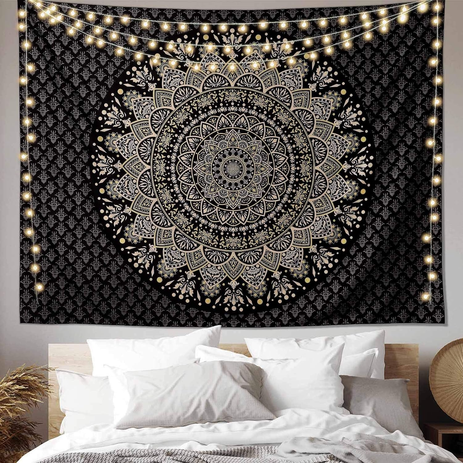 Edeesky Black Golden Mandala Tapestry Wall Hanging Psychedelic Medallion Wall Tapestry Aesthetic Indian Hippie Wall Decor Bohemian Wall Art Boho Home Decoration Blanket for Bedroom,Living Room,Dorm