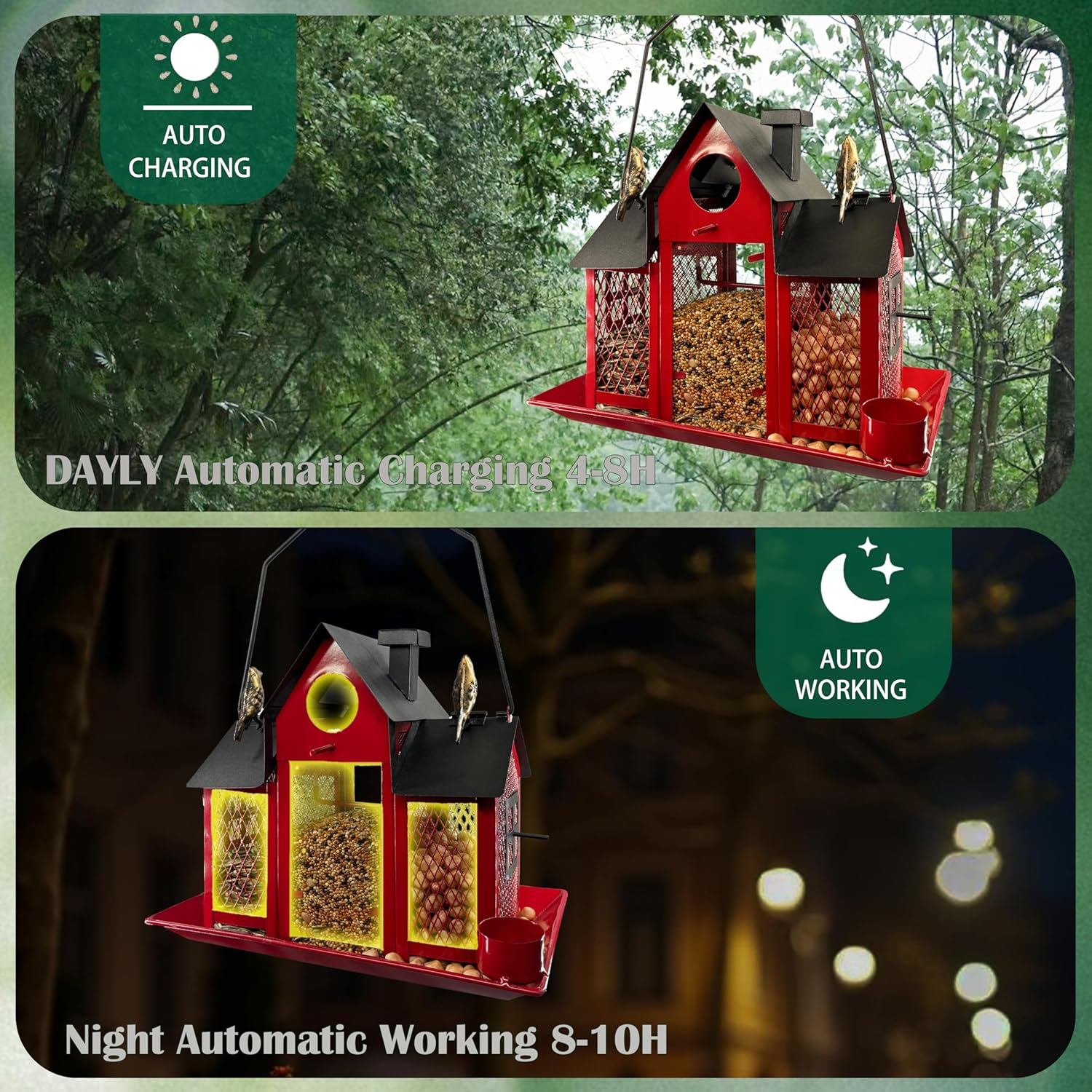 Bird Feeder Solar Bird Feeders House for outside Hanging, Metal Wild Bird Feeder for Outdoors, Large Capacity Birdhouse Bird Feeders (Cute House-Red) image number 1