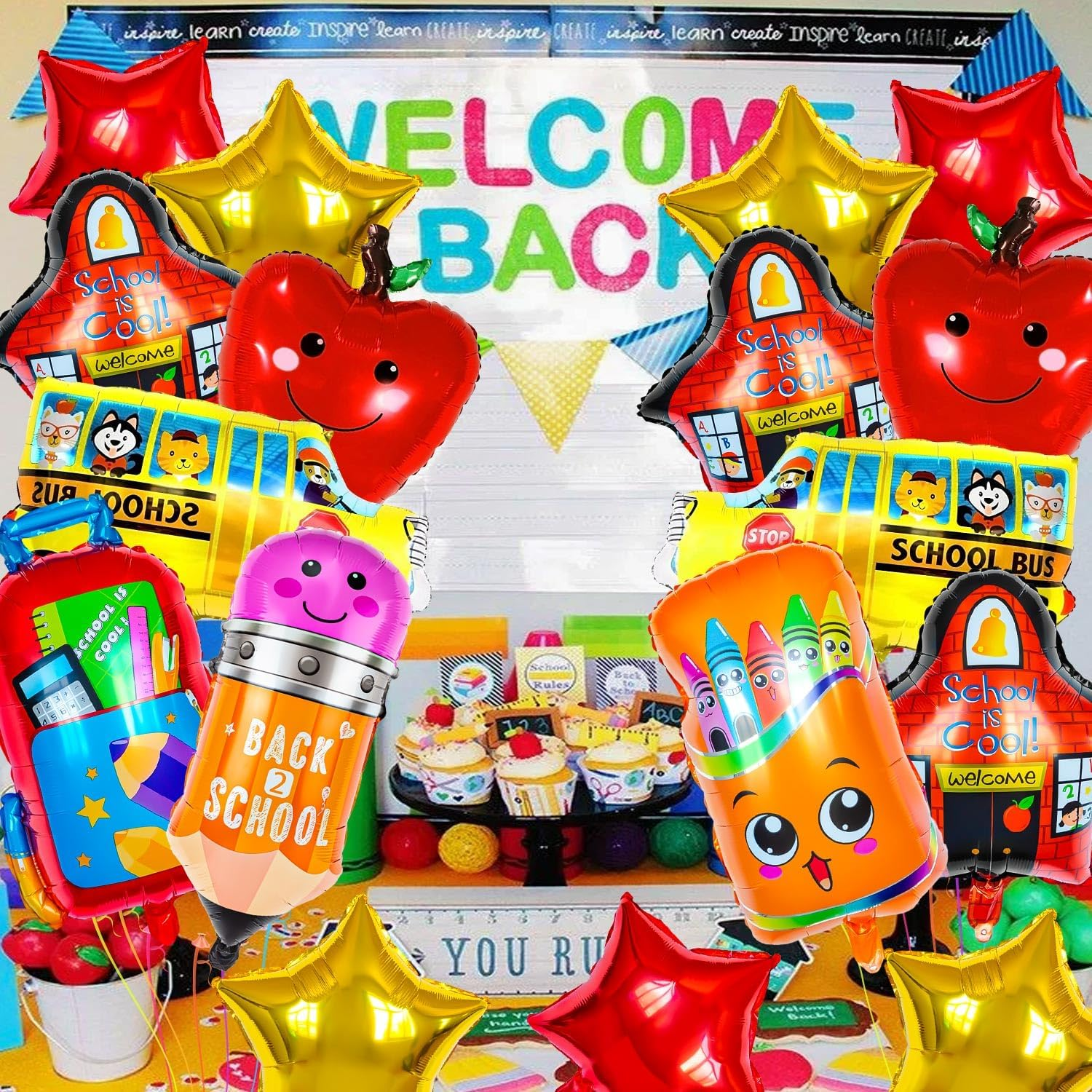 40 Pcs Back to School Foil Balloons, Colorful Apple Pencil Crayon Bus Helium Balloon, School Mylar Balloons for Party Supplies image number 2