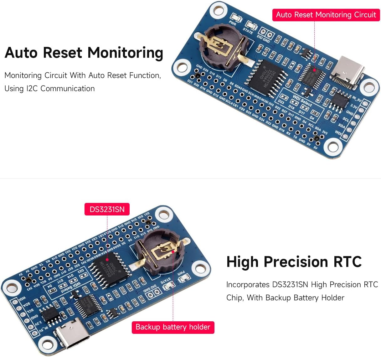 Waveshare RTC Watchdog HAT (B) for Raspberry Pi, Onboard DS3231SN High Precision RTC Chip image number 4