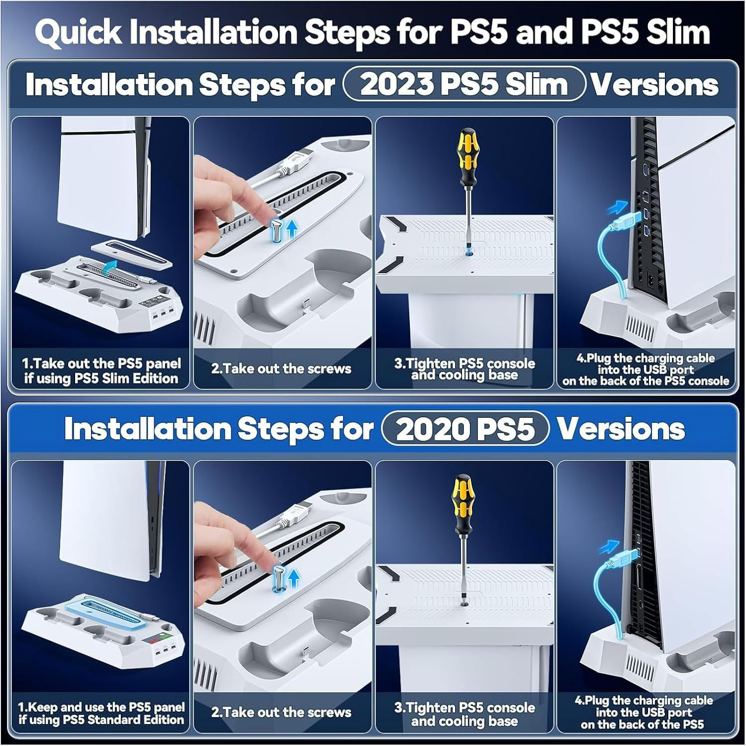 Cooling Stand for PS5/PS5 Slim, Charging Station for Playstation 5 Console, Dual Controller Charger, Turbofan with 3-Level Adjustable Cooling, 3 USB Hubs & Headset Holder (White) image number 5