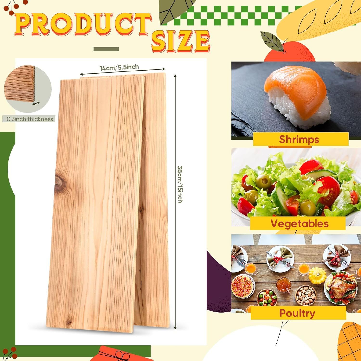 Landical 3 Pcs XL XXL Large Cedar Planks for Grilling Salmon Thicker Design Full Filet of Salmon Meat Fish and Veggies Adding Extra Smoke and Flavor Soaking Fast Easy to Use (15 X 5.5 Inches) image number 2