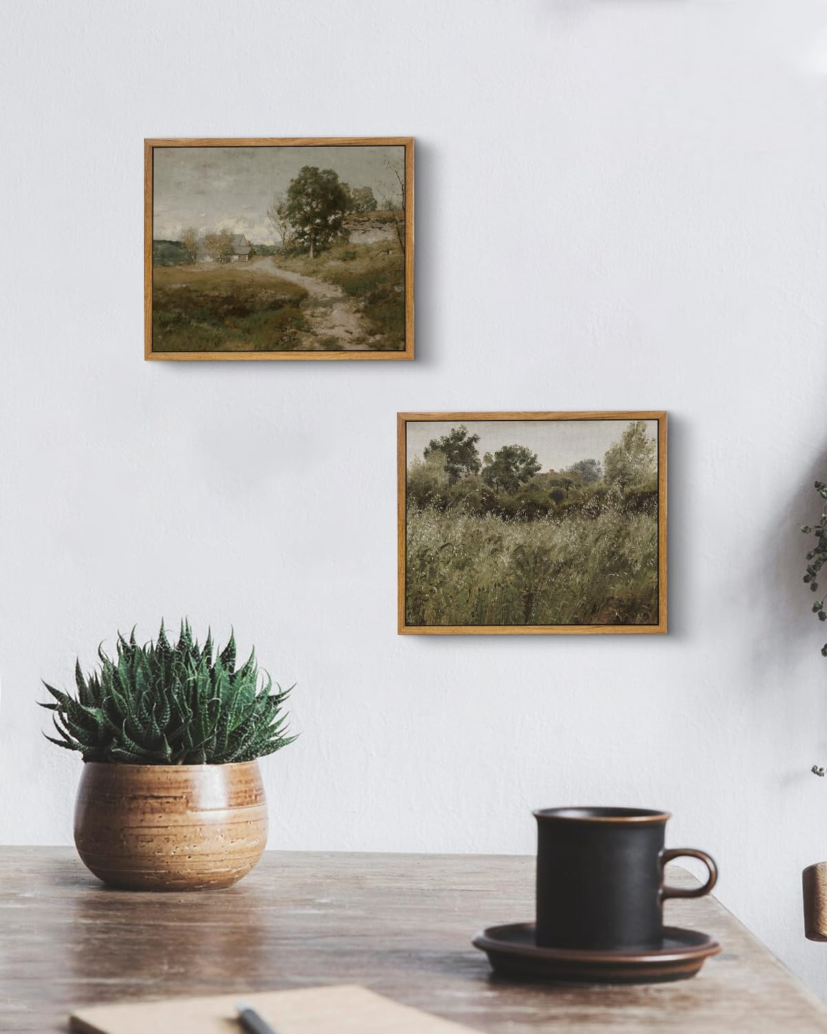 VIYYIEA Two Vintage Framed Wall Art, Country Road and Grassland Painting Decor Aesthetic, Small Canvas Print Artwork, Farmhouse Landscape Wall Pictures for Bedroom Barthroom, 9X11 Inch,Set of 2 image number 5