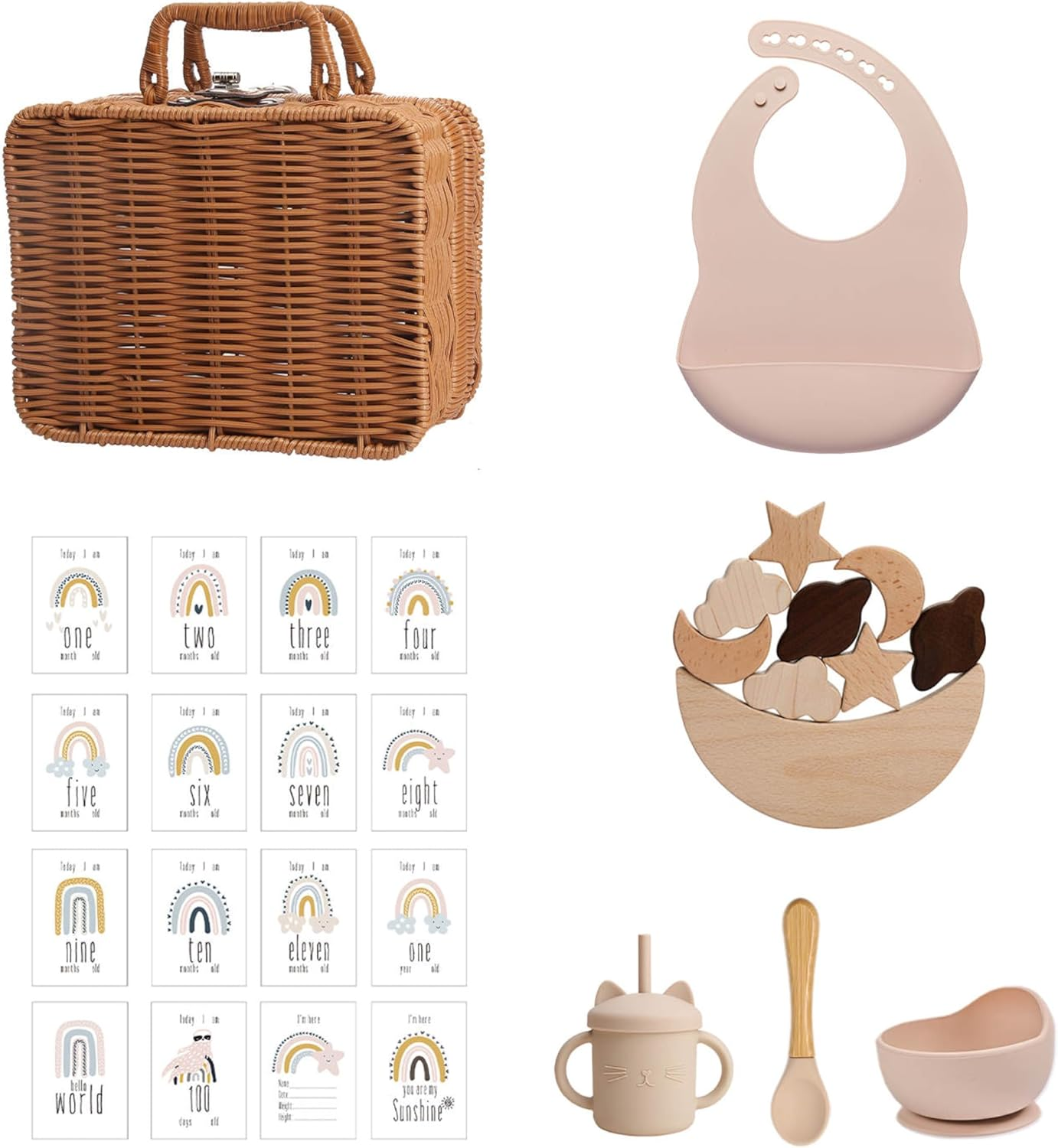 4 in 1 Newborn Gift Bundle with Wooden Stacking Game, Silicone Feeding Set, 16 Milestone Cards and Wicker Gifting Case - Present for New Mums & Baby Shower (Beige Star & Moon Set) image number 3