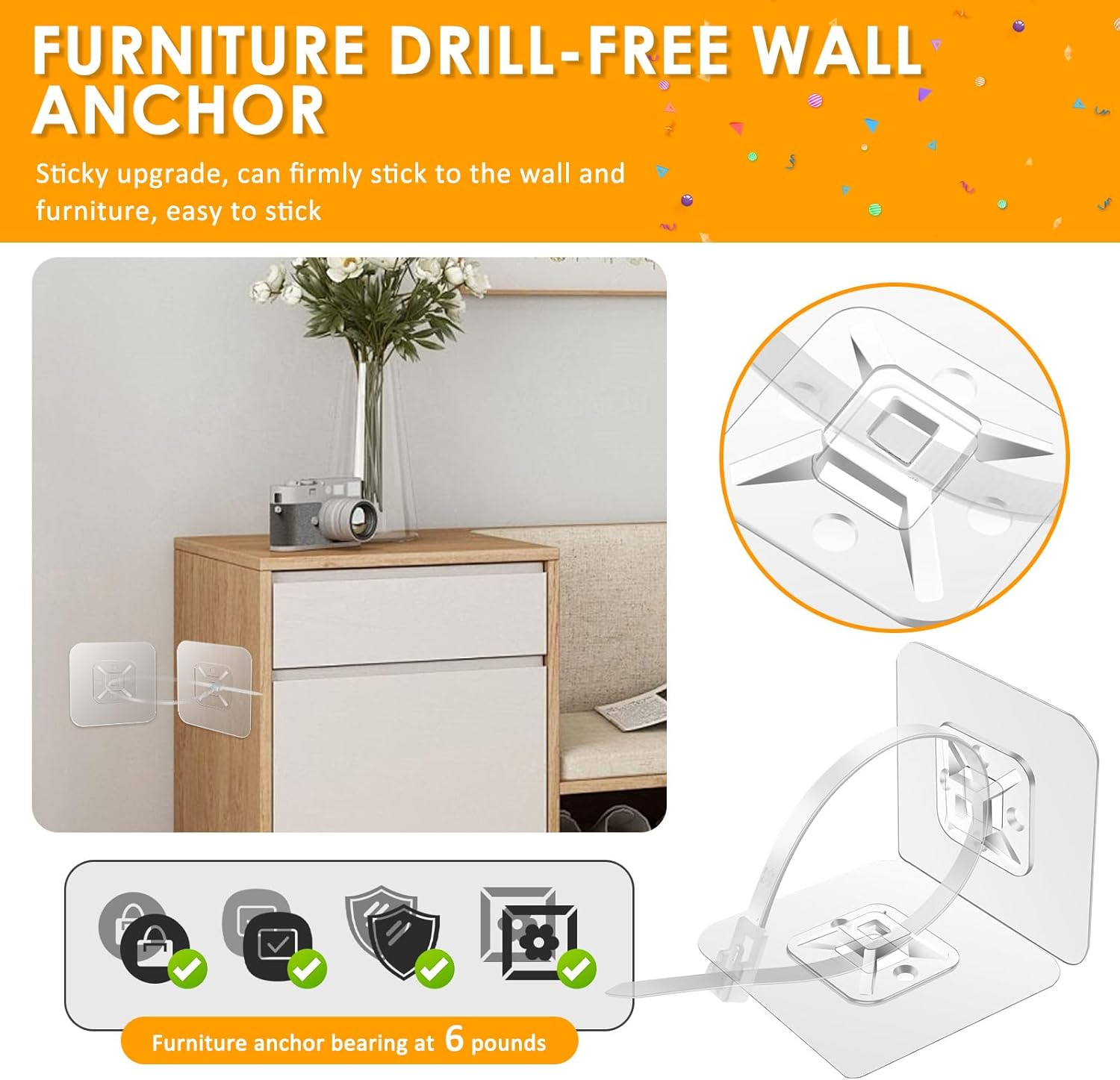 100Pcs Furniture Anchors Plastic Furniture Straps No Drill Adhesive Backed Wall Anchor Straps for Cabinets Bookcases Dressers (100-Pack) image number 1