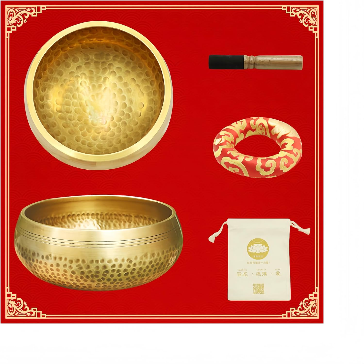 Fay Bless Tibetan Singing Bowl Set - Easy to Play for Beginners - Authentic Handcrafted Mindfulness Meditation Holistic Sound (Gold-8Cm/3In) - Gold-12Cm/4.7In image number 5