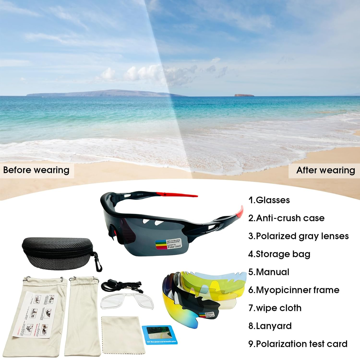 AVOWB.T.Q Polarized Cycling Sunglasses Men Women Sport Glasses with 5 Interchangeable Lenses Cycling Glasses for Bycling Running Hiking Baseball Running Glasses Casual Sports and Activities