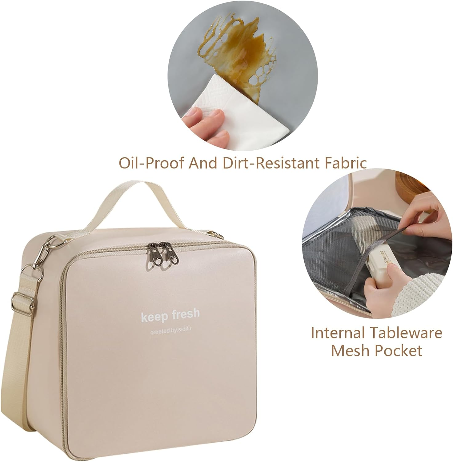 Lunch Bag Women, Lunch Box Lunch Bag for Women & Men Adult, Leakproof Small Lunch Bag, Reusable Insulated Cooler Bag with Detachable Shoulder Strap, Lunch Container for Work Office (Beige) image number 3