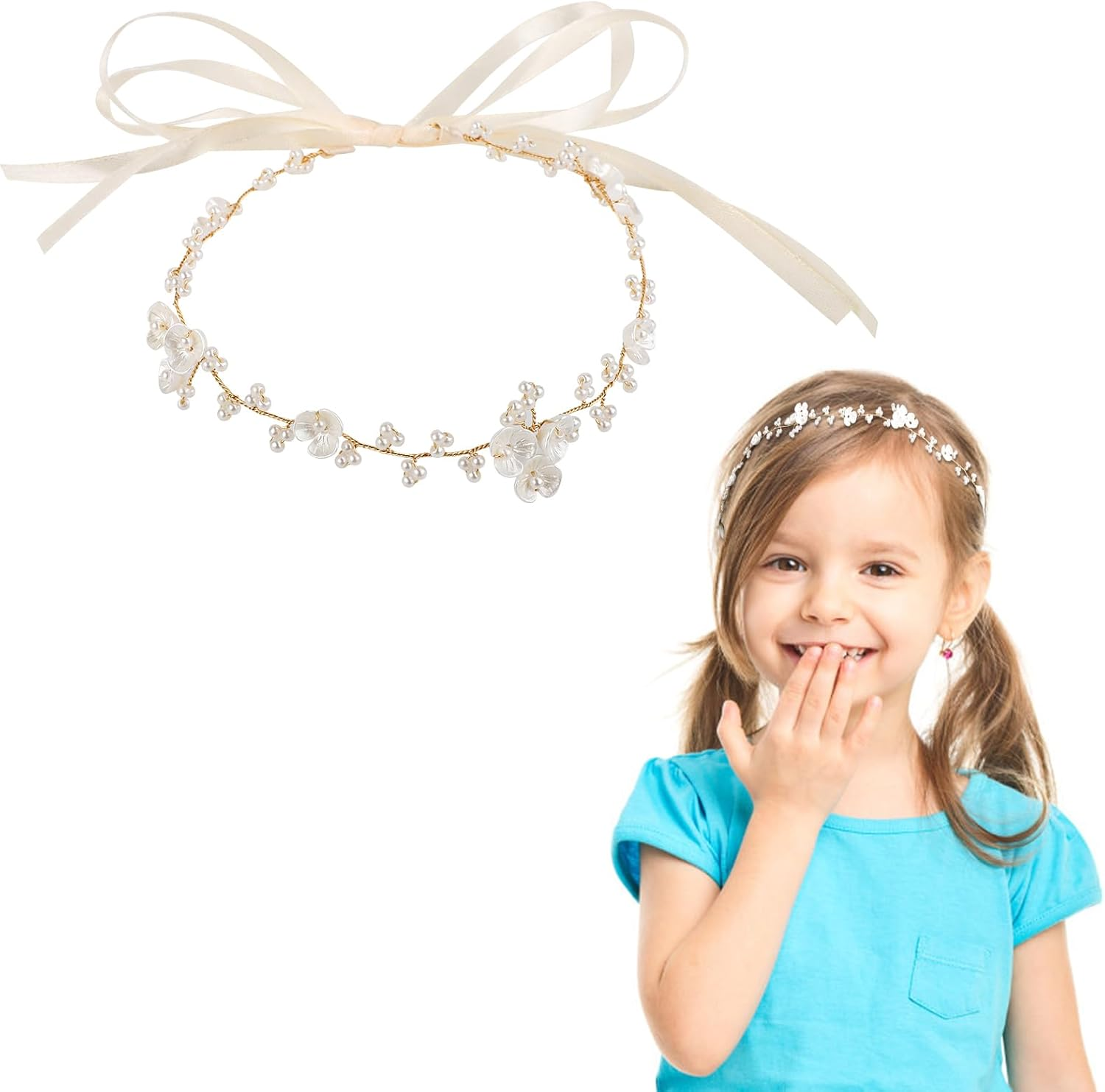 XIHIRCD First Communion Headpiece for Girls, White Princess Headband Flower Girl Headpiece Flower Girl Hair Accessory Pearl Girl Crown Wedding Party Hair Accessories for Women