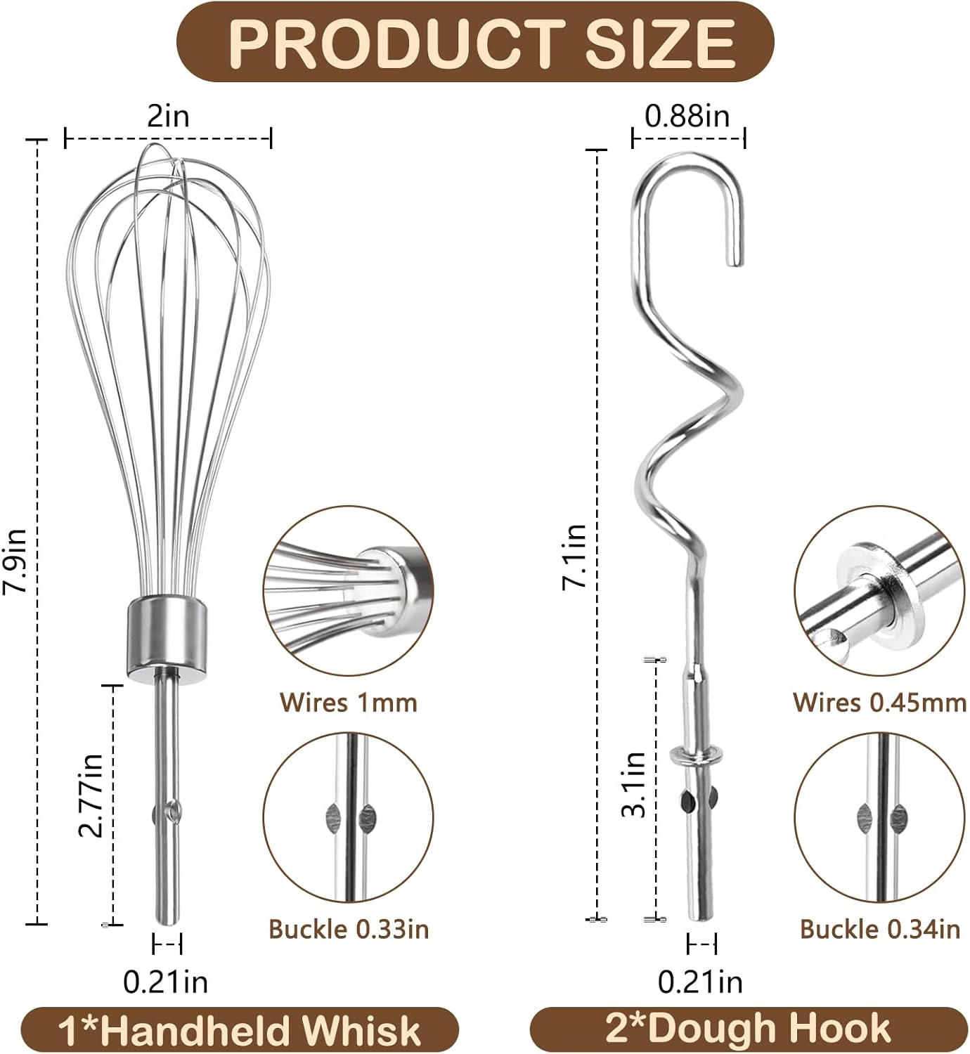 Stainless Steel Mixer Attachments Set - Includes Beaters, Dough Hooks & Whisk for Kitchenaid & Hand Mixers - Ideal Kitchen Accessory for Effortless Mixing, Blending and Whisking - 3 Piece Set