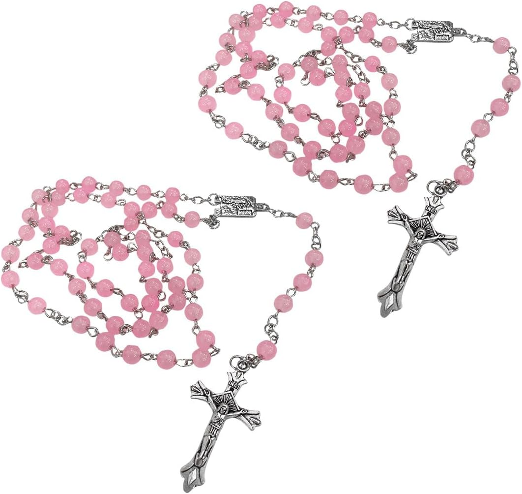 2PCS Rosary for Rearview Mirror, Purple Pendant Interior Charm Auto Decors, Medal and Cross Personalized Hanging Accessories for Women Men (Purple)