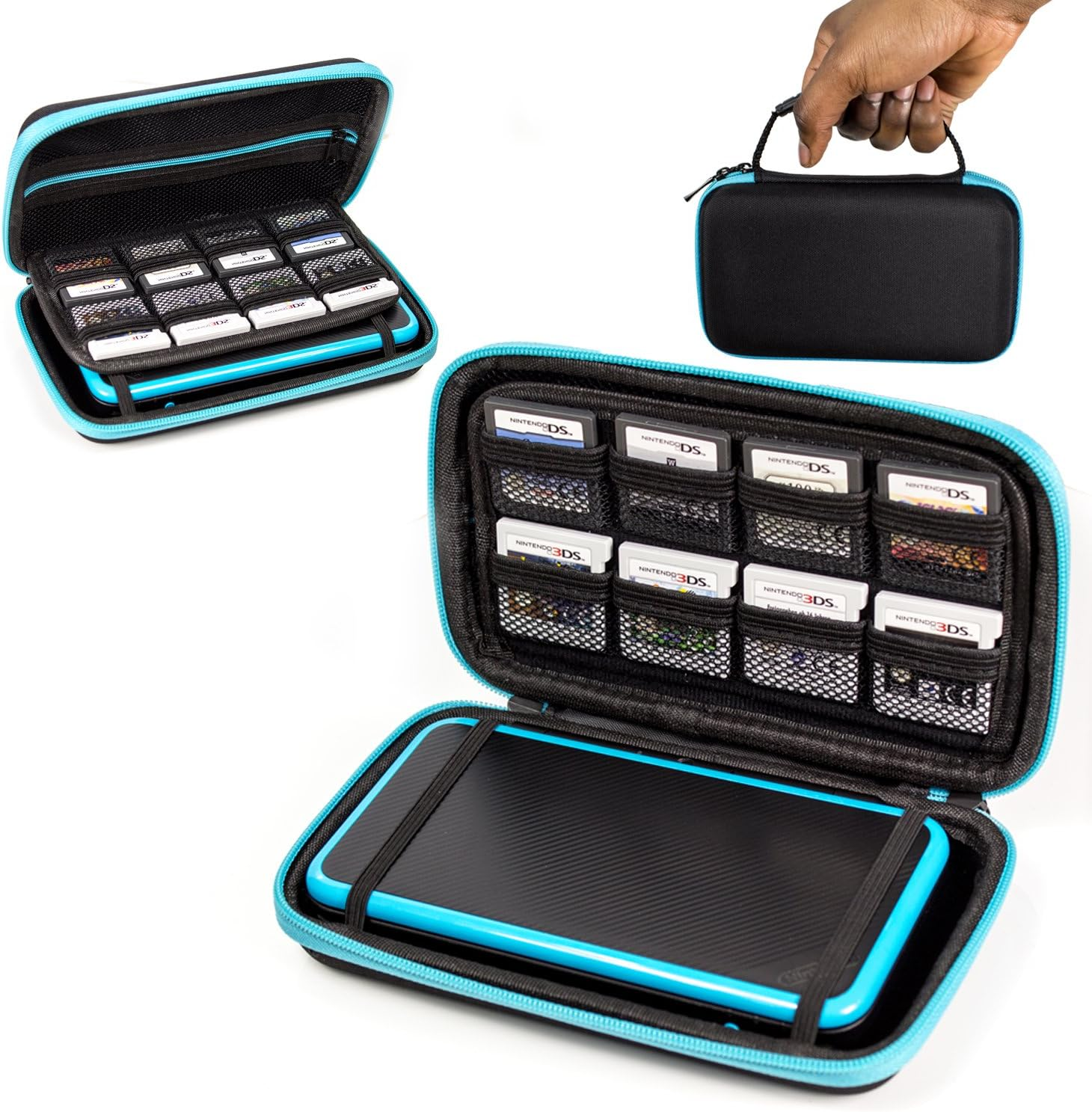 2DS XL Case, Orzly Carry Case for New Nintendo 2DS XL - Protective Hard Shell Portable Travel Case Pouch for New 2DS XL Console with Slots for Games & Zip Pocket - Blue on Black image number 5